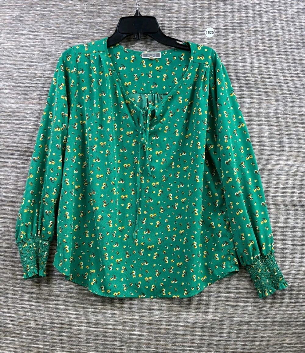 Pleione Floral Blouse Womens Size L Green Tie Neck Long Sleeve Casual Boho